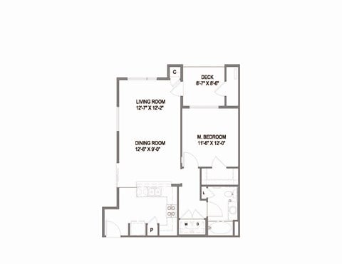 Floor plan for 1 bed, 1 bath, 730 sqft